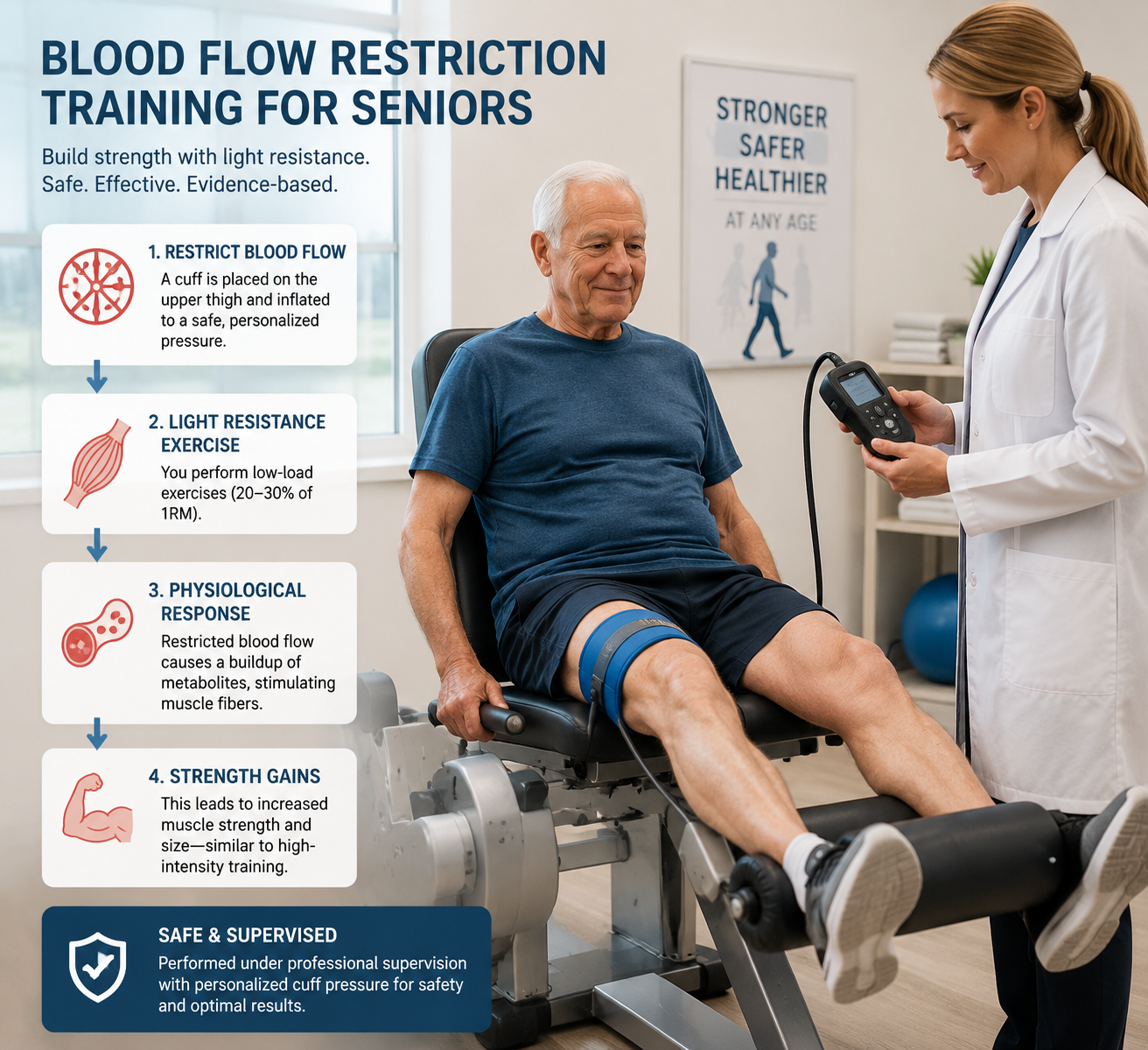 Senior seated on a leg extension machine while a physical therapist adjusts a blood flow restriction cuff