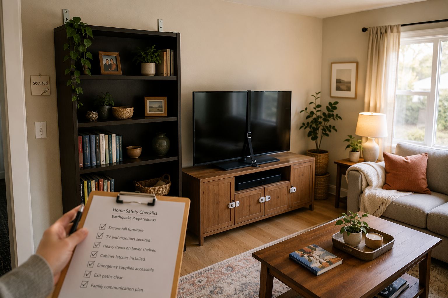 Living room with anchored bookcase, secured TV, heavy items on lower shelves, and cabinet latches installed