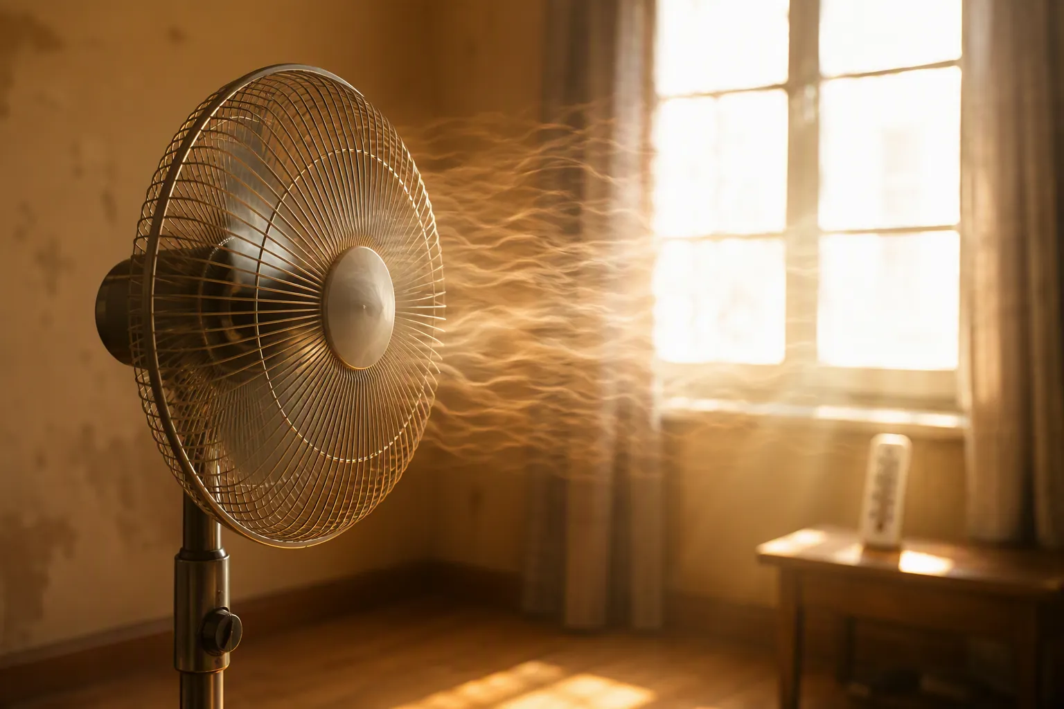 Electric fan blowing hot air in a very hot sunlit room