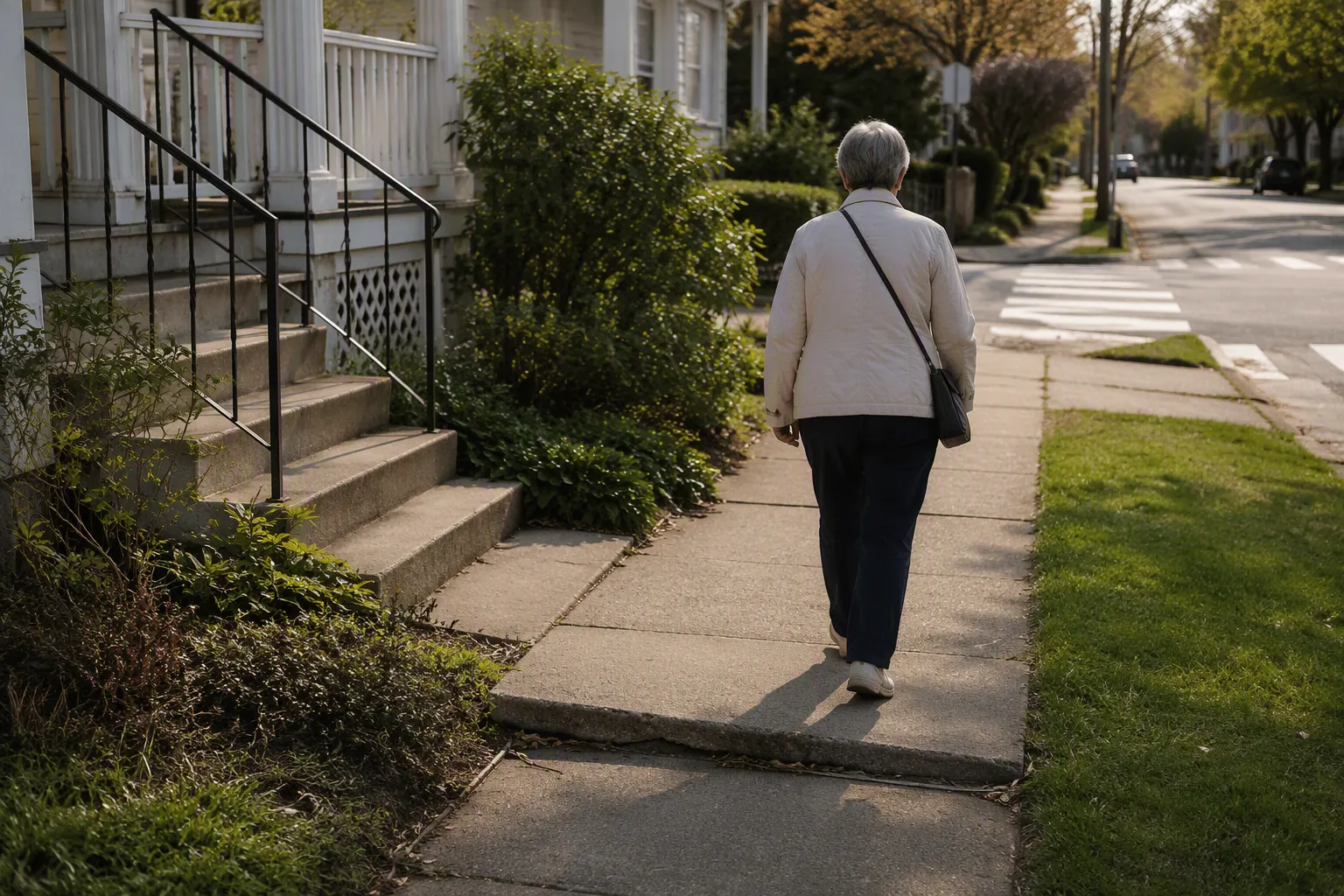 Older adult walking alone toward a cracked sidewalk slab near a curb and front porch steps
