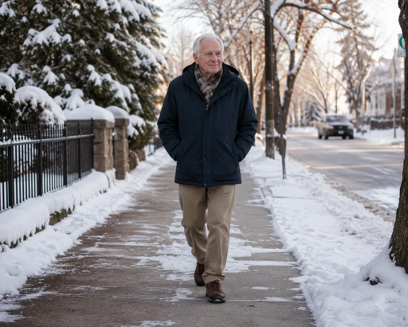 Older man walking confidently on a snow-dusted sidewalk in sturdy winter boots