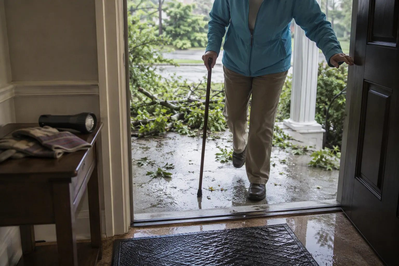 Wet entryway after a storm with branches near the doorway and an older adult using a cane at the threshold