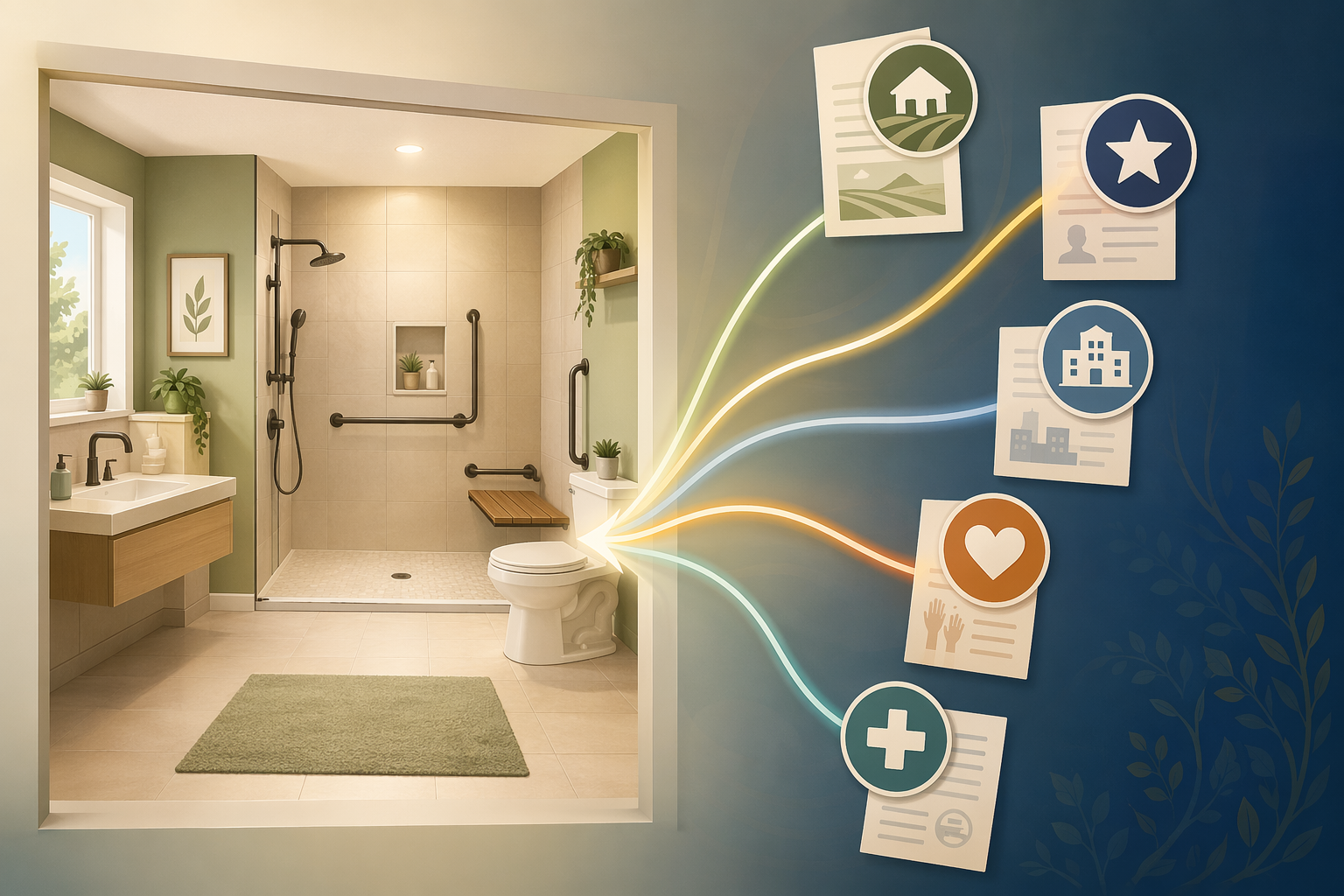 An editorial illustration showing an accessible bathroom on the left side with multiple glowing pathway lines flowing toward it from icon symbols on the right — a house icon for USDA, a star for VA benefits, a building for HUD, a heart for nonprofit assistance, and a medical cross for tax deductions.