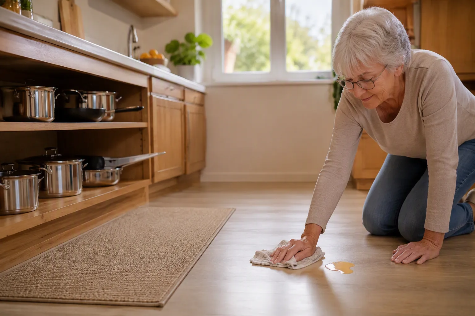 Senior-friendly kitchen with a secured rug, a spill being wiped up, low reachable pot storage, and a clear walking path