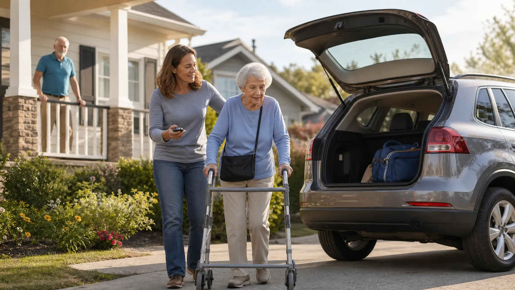 Adult child timing a calm driveway evacuation drill while an older parent using a walker moves toward a car