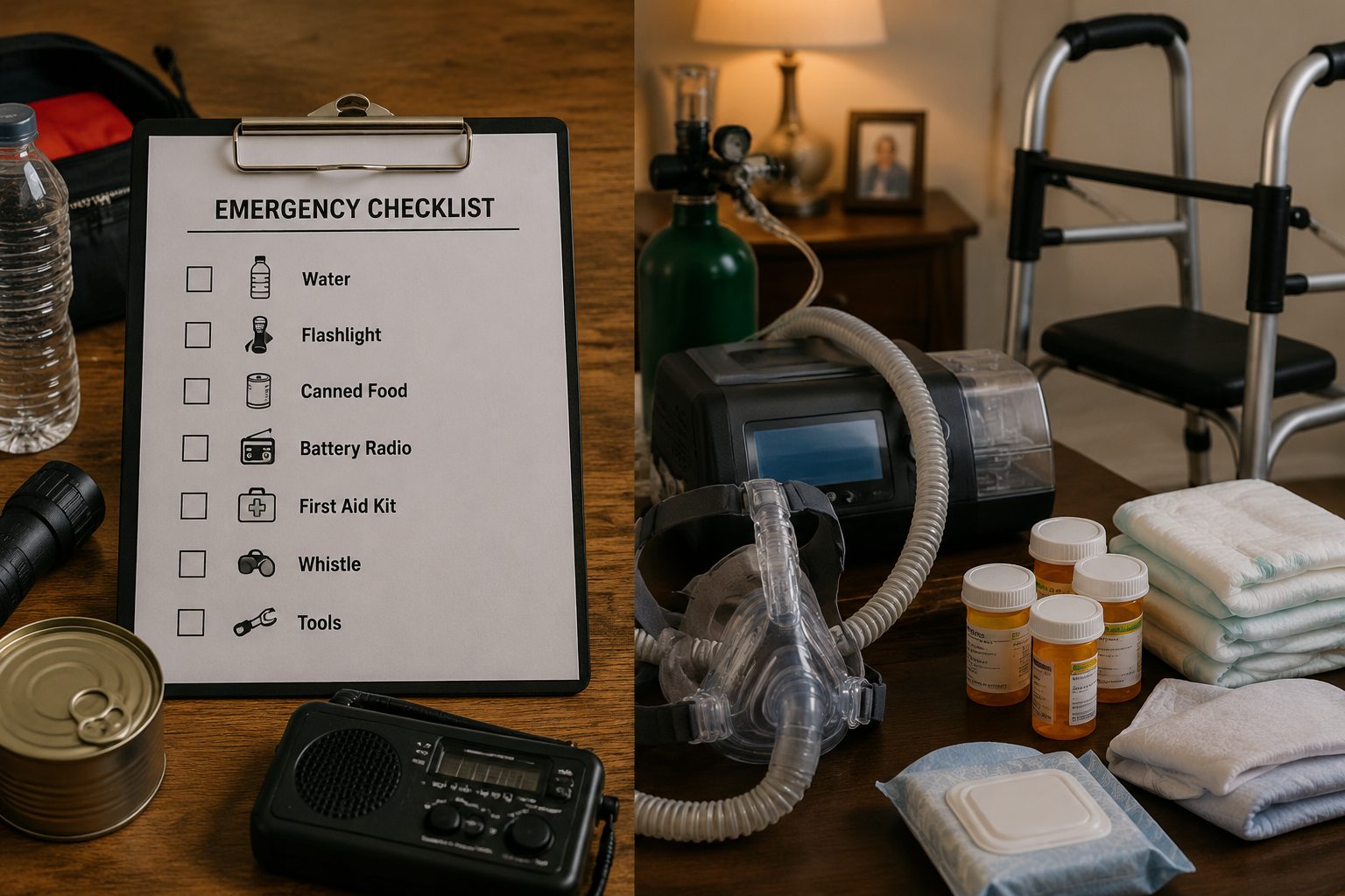 Generic emergency checklist beside older adult medical supplies, mobility equipment, medications, and incontinence products