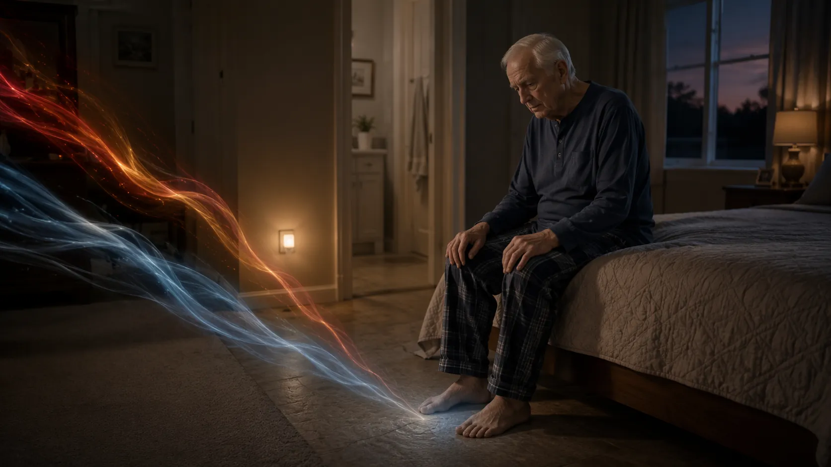Older adult sitting at bedside near a nightlit hallway, showing leukemia type and home fall risk converging at night