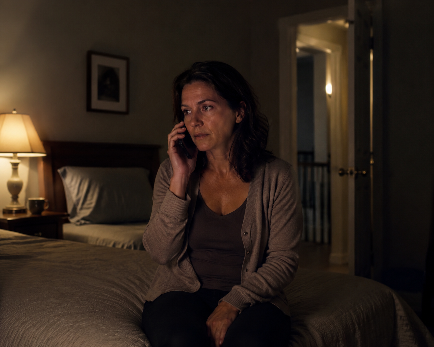 Caregiver calling a clinician helpline at night after an urgent dementia care concern