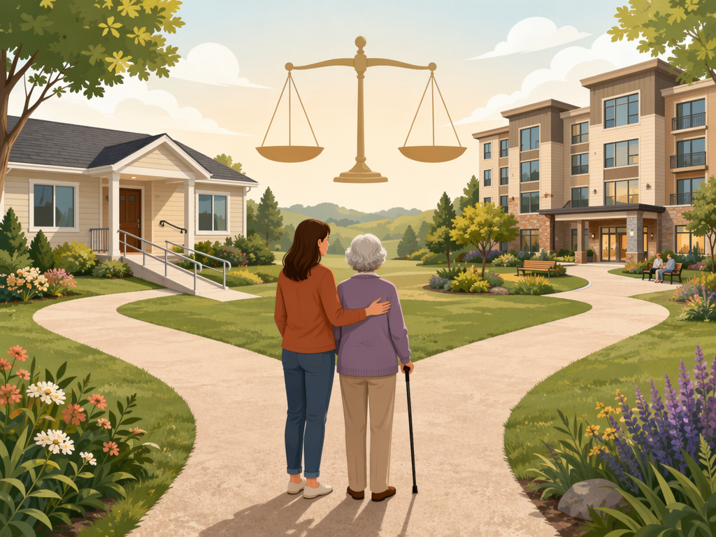 A family consisting of an adult child and older parent stand at a fork in the road; one path leads toward a house with accessibility features, the other toward a modern assisted living building, with a balance scale symbol above suggesting a thoughtful cost comparison decision.