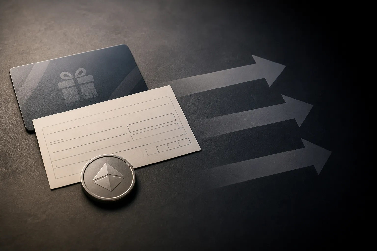 Gift card, wire-transfer slip, and coin with arrows suggesting hard-to-reverse payments