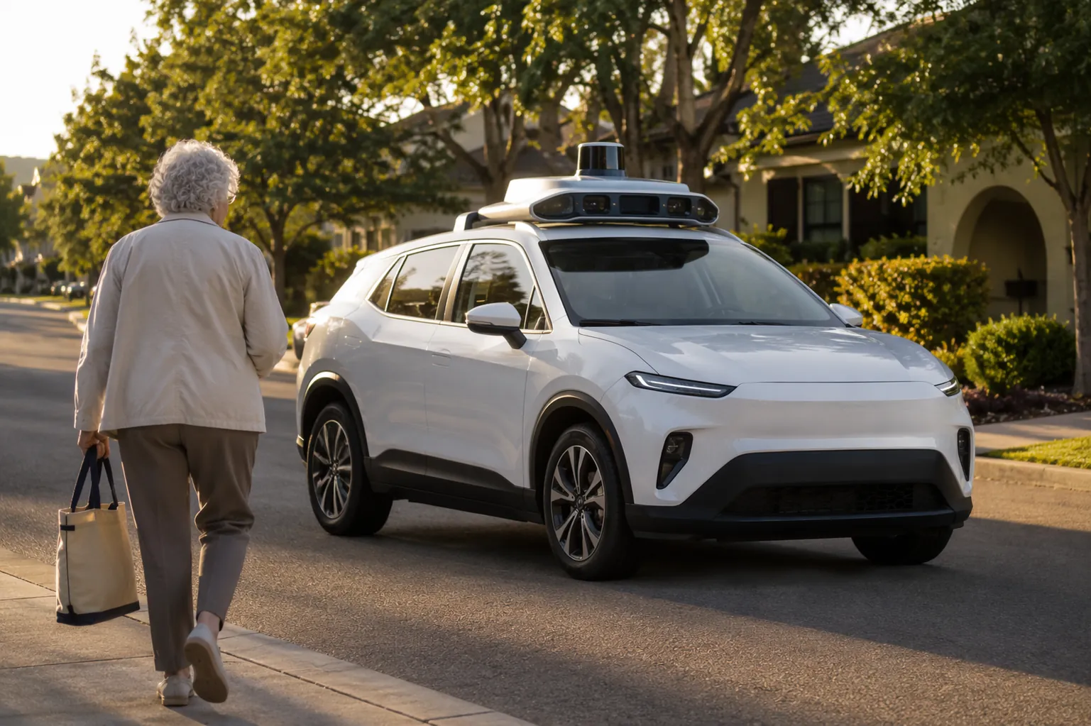 Older woman walking toward a white self-driving electric SUV on a sunlit residential street