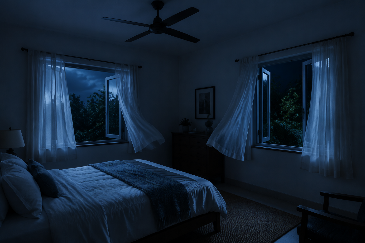 Bedroom at night with opposite windows open for cross-ventilation