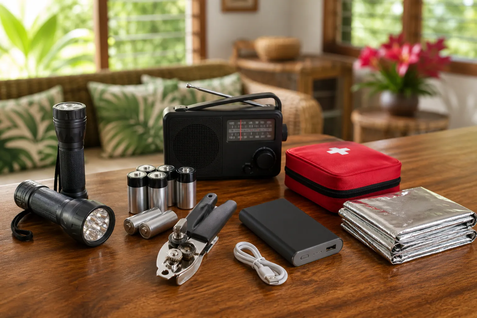 Emergency outage supply kit with flashlights batteries radio manual can opener power bank first-aid kit and reflective blanket