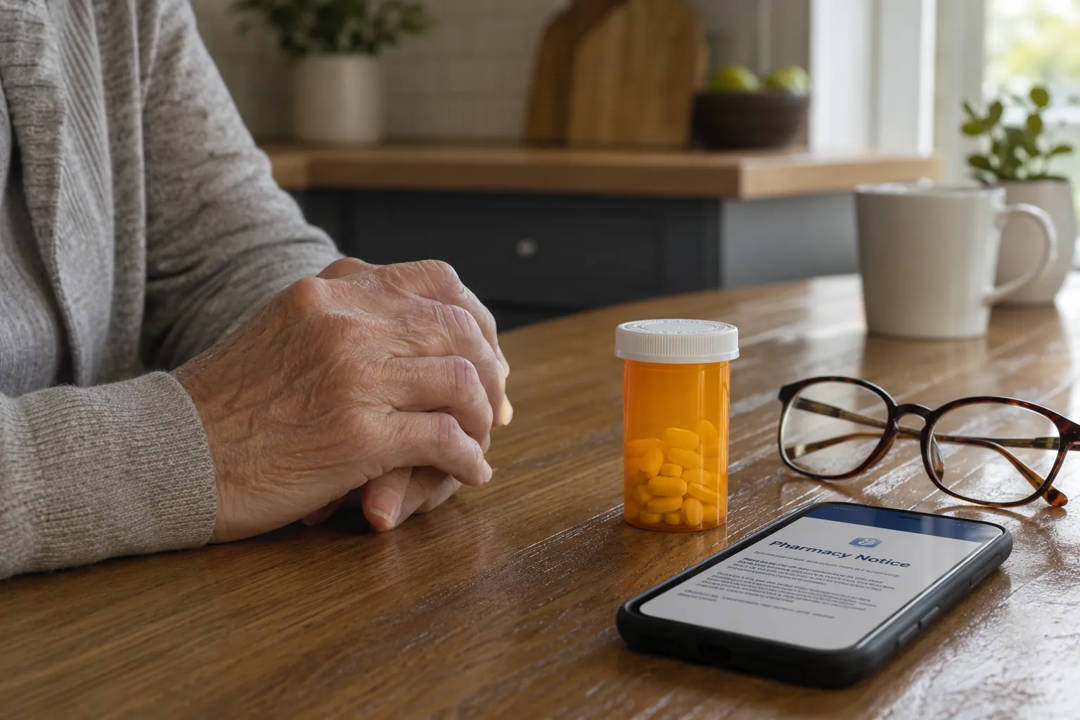 Older adult checking a prescription bottle and pharmacy notice at a kitchen table