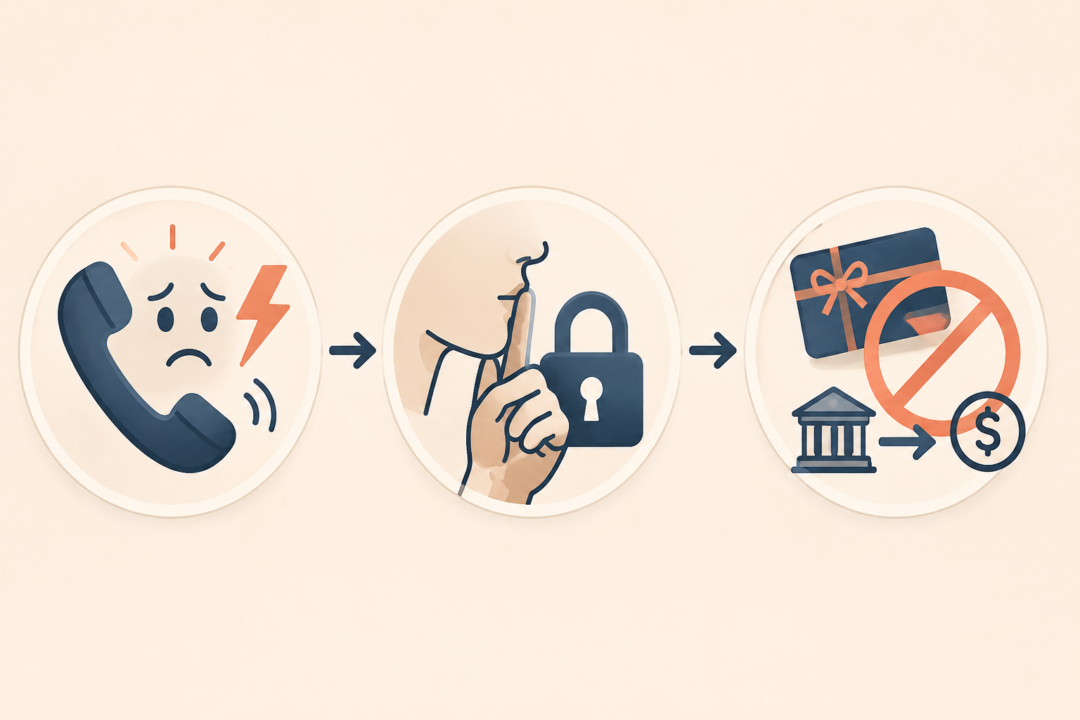 A three-stage visual flow from emergency phone call to secrecy demand to blocked gift card and wire transfer payment