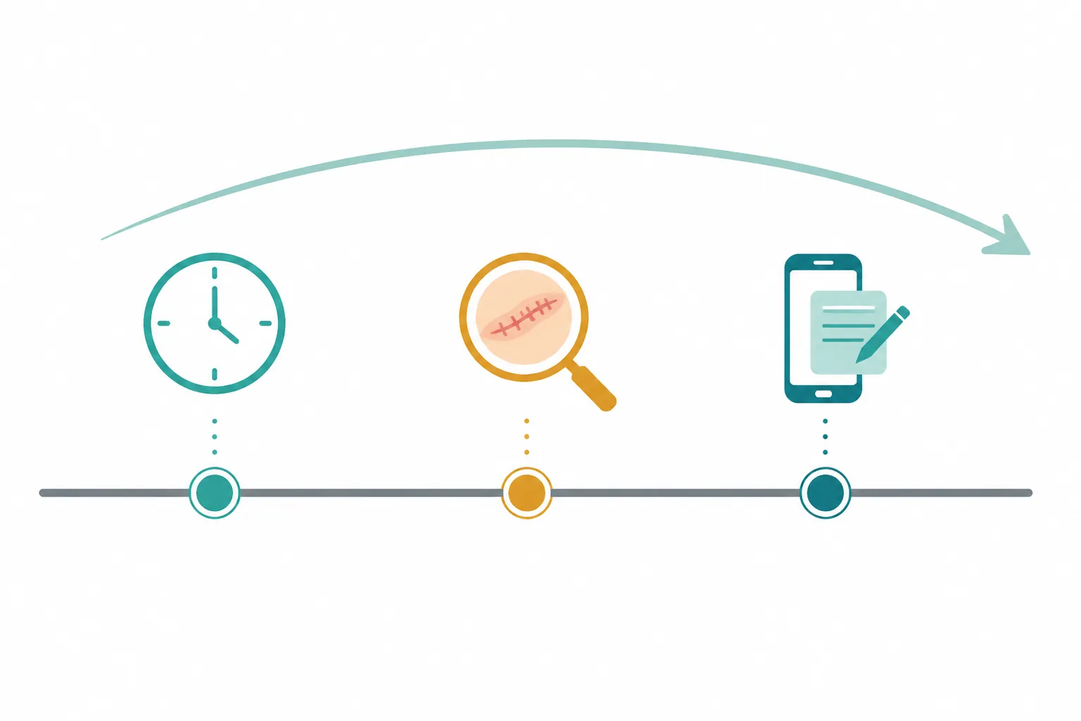 Three-day monitoring timeline for a campsite spider bite with wound check and phone note icons