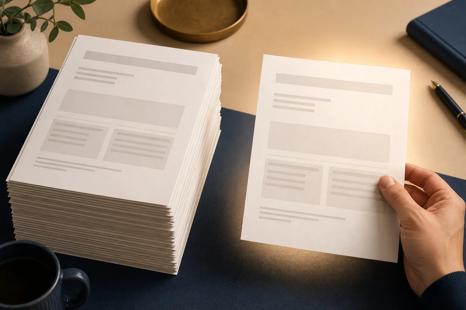 A group of blank benefit statements with one individual statement pulled aside