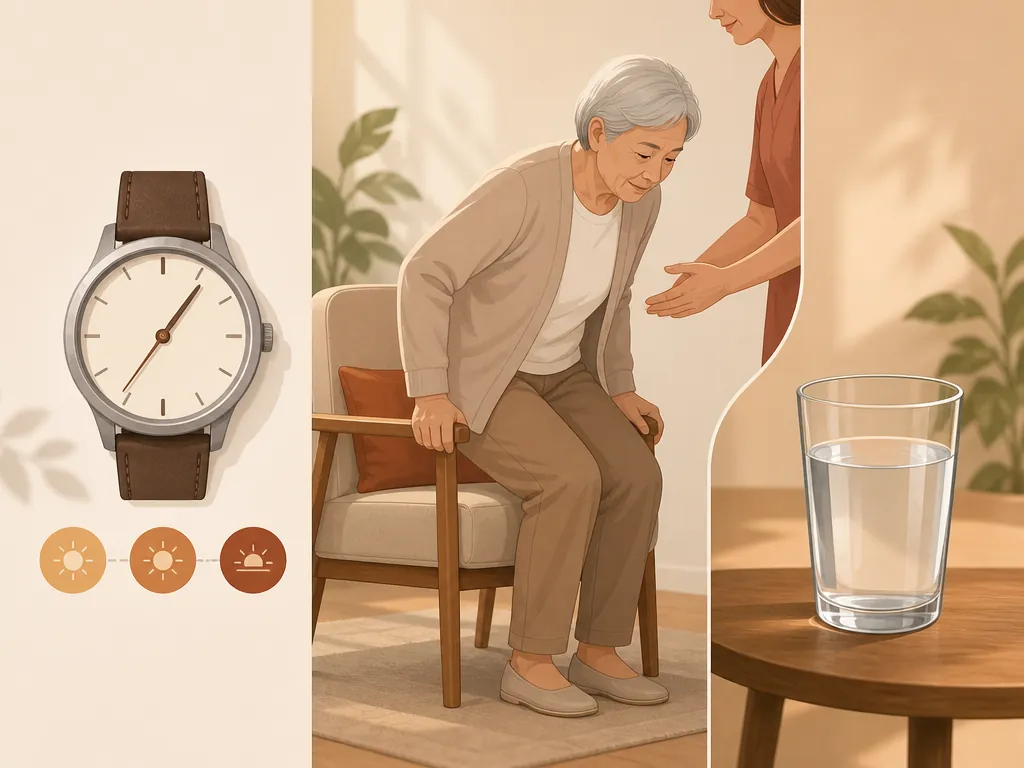 Illustration of a three-day post-heat watch window with caregiver steadying an older adult