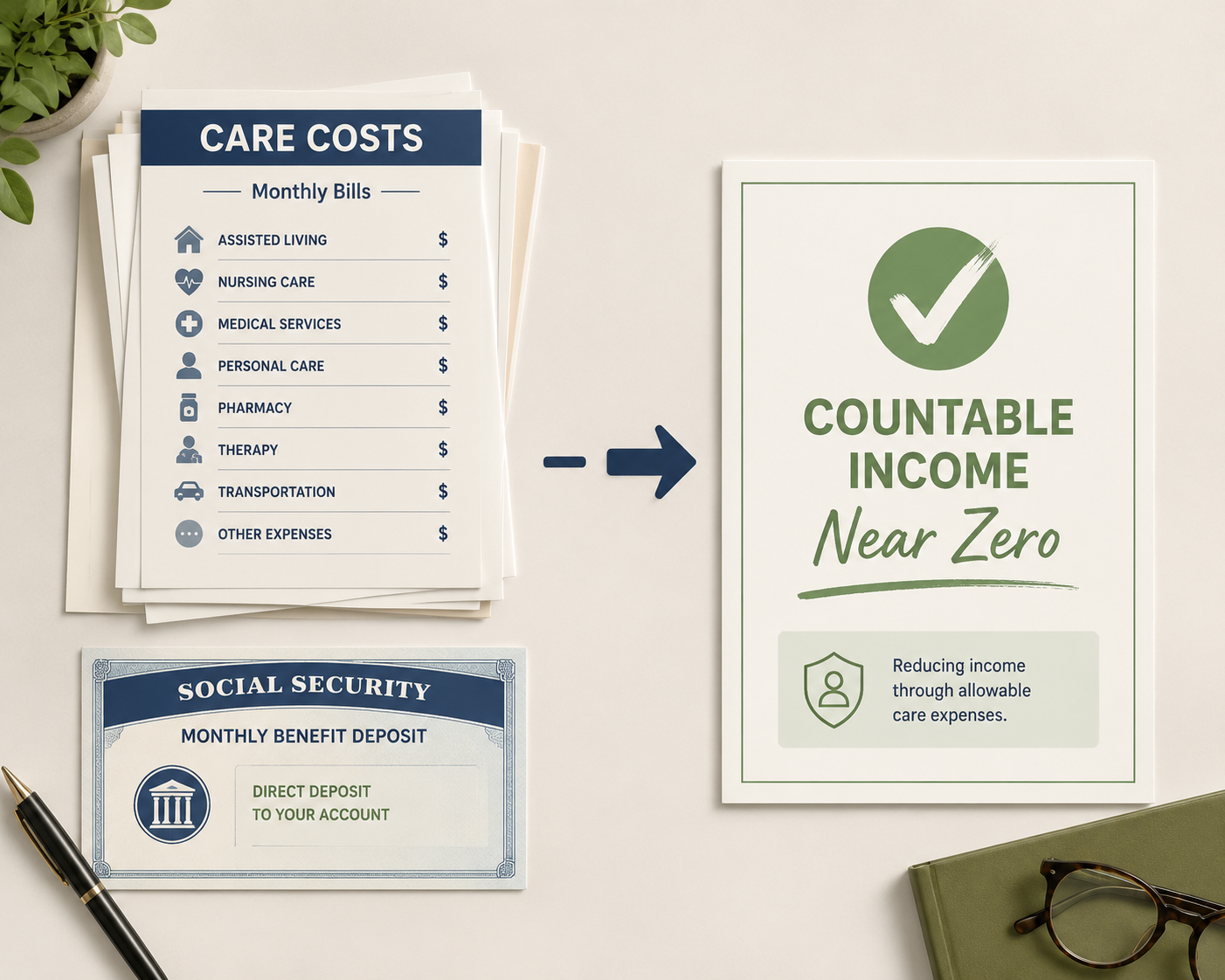 Social Security income and care bills subtracted to show countable income near zero