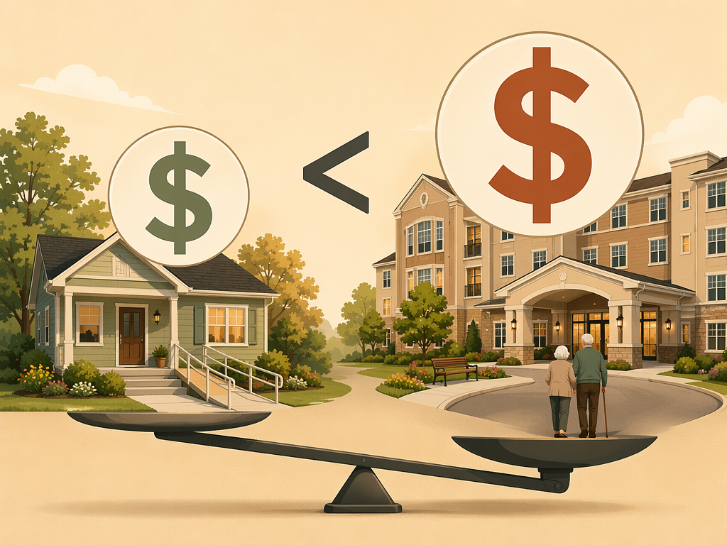 Editorial comparison visual with a warm home on the left and a care facility on the right, with a scale between them showing the home modification cost range is far less than one year of assisted living.