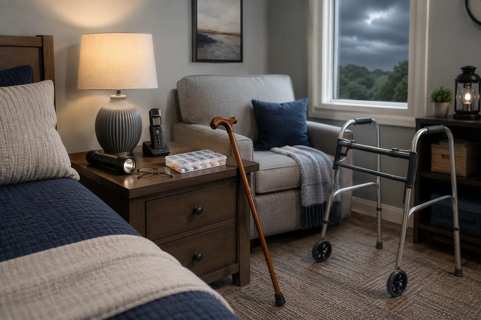 Organized safe room with walker, cane, flashlight, phone, medications, and reading glasses staged within reach