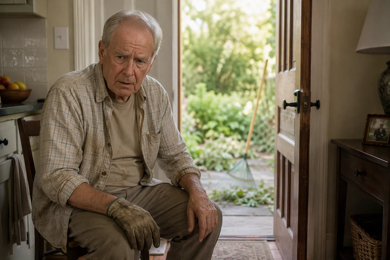 Older man in gardening clothes sitting tired and confused near an open doorway