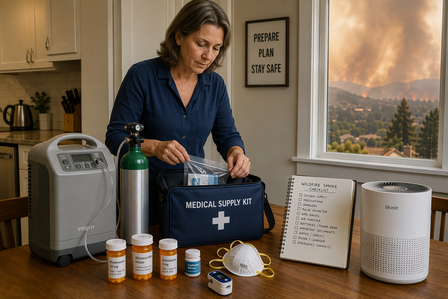 Caregiver organizing wildfire smoke medical supplies with oxygen equipment, medications, a pulse oximeter, an N95 mask, and a checklist notebook