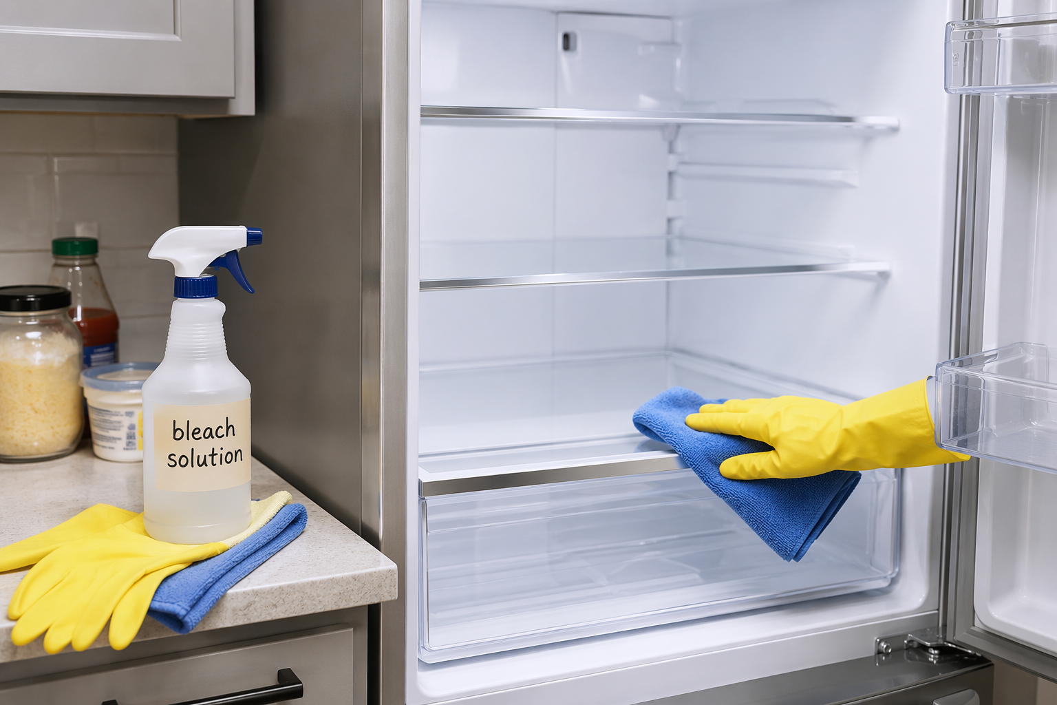 An open refrigerator being cleaned with gloves, cloths, and a bleach solution nearby