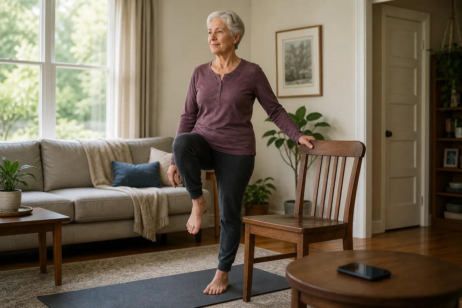 Older adult doing a one-leg balance test barefoot on a mat with a sturdy chair and smartphone timer nearby