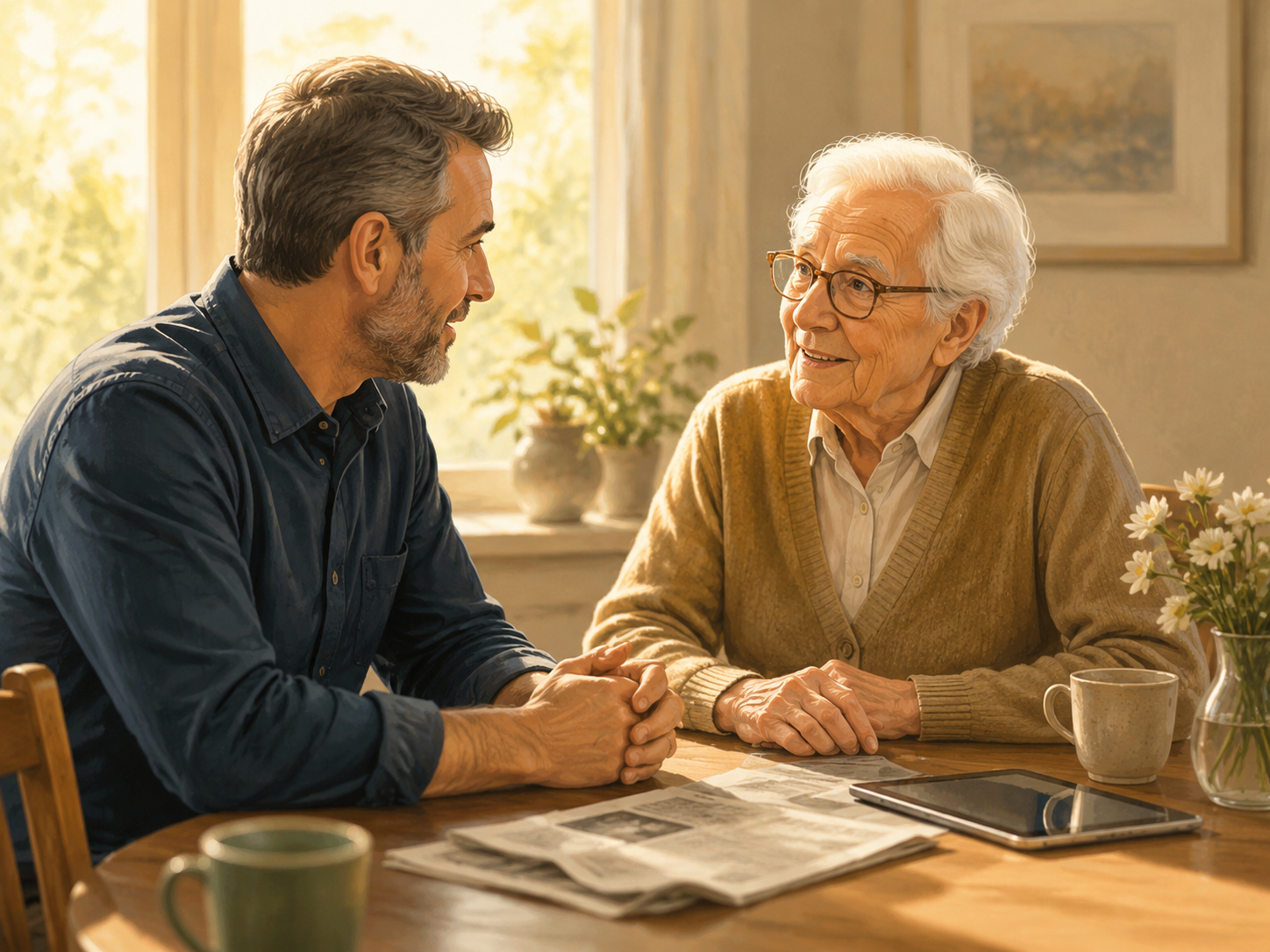 An adult child and older parent sit at a table with a newspaper or tablet between them as a calm conversation starter
