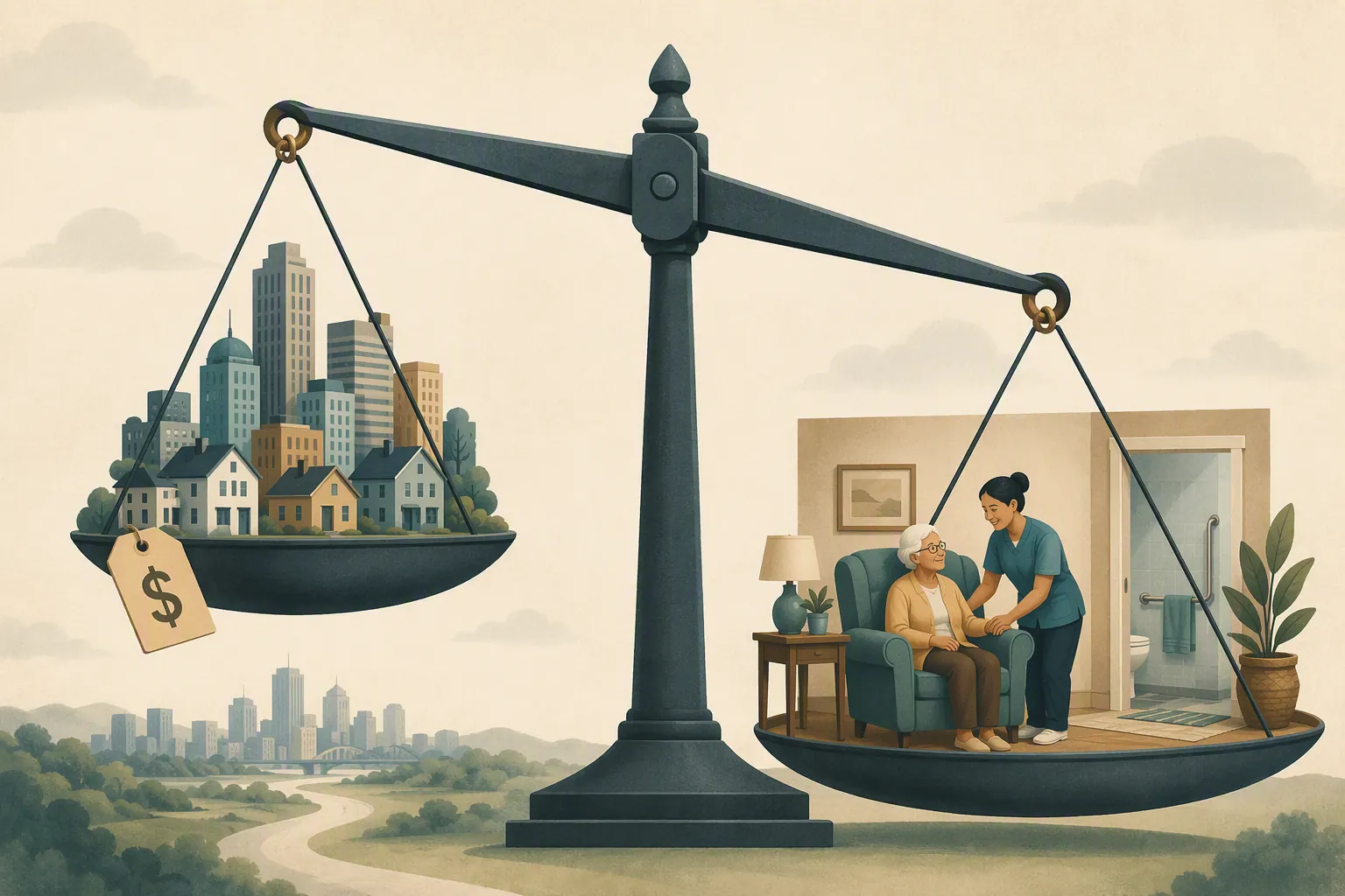 Balance scale comparing a cheap city skyline with the hidden cost of in-home care and accessibility needs