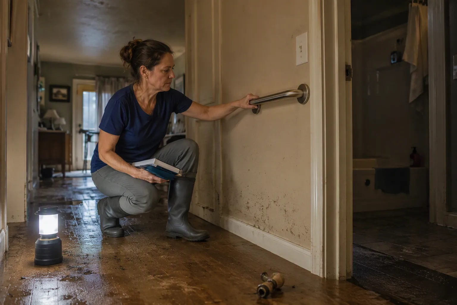 Caregiver in rubber boots testing a bathroom grab bar in a dim post-hurricane hallway
