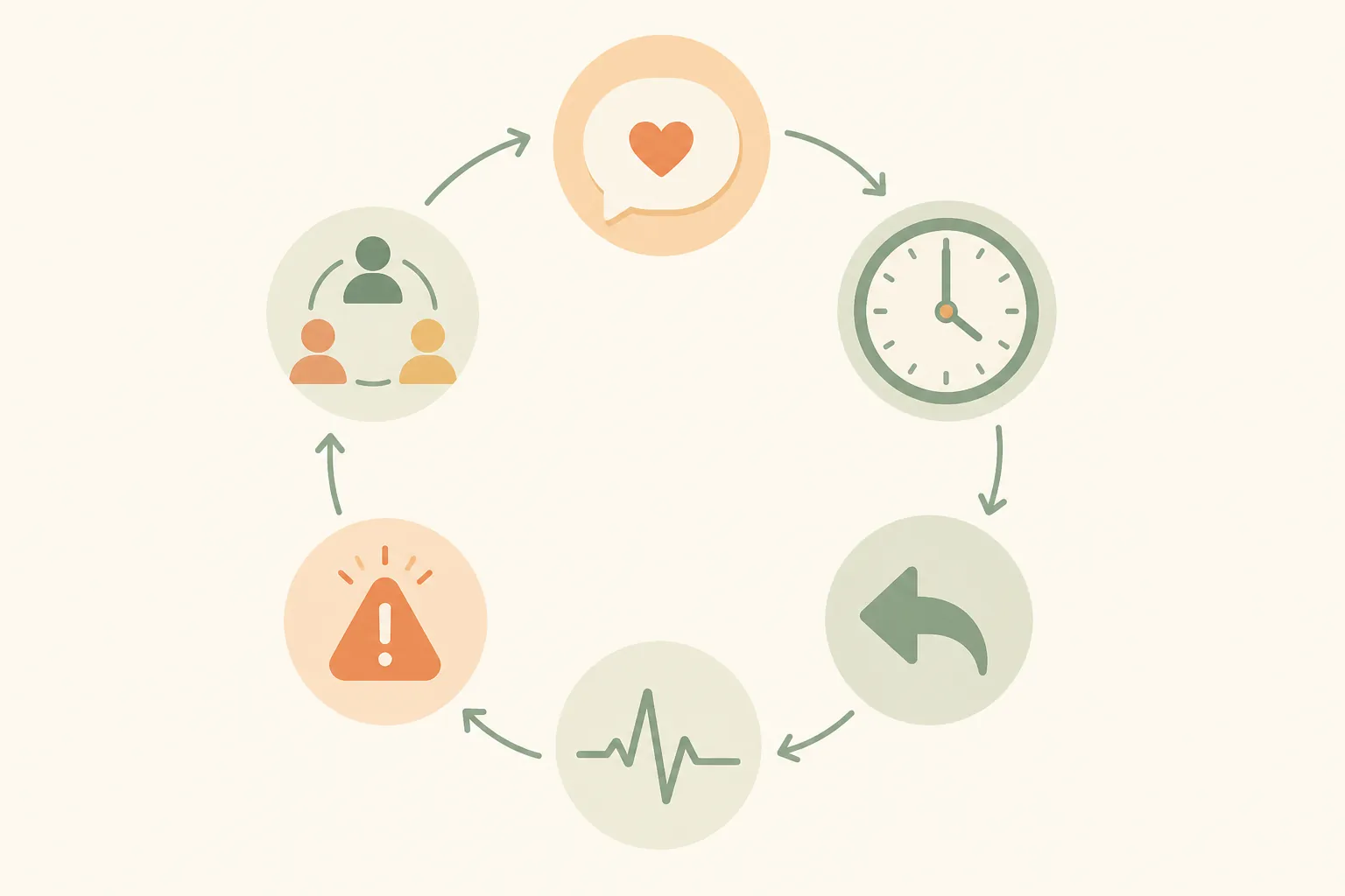 A circular illustration of a six-step daily check-in routine with icons for message, time, reply, health signal, alert, and care circle