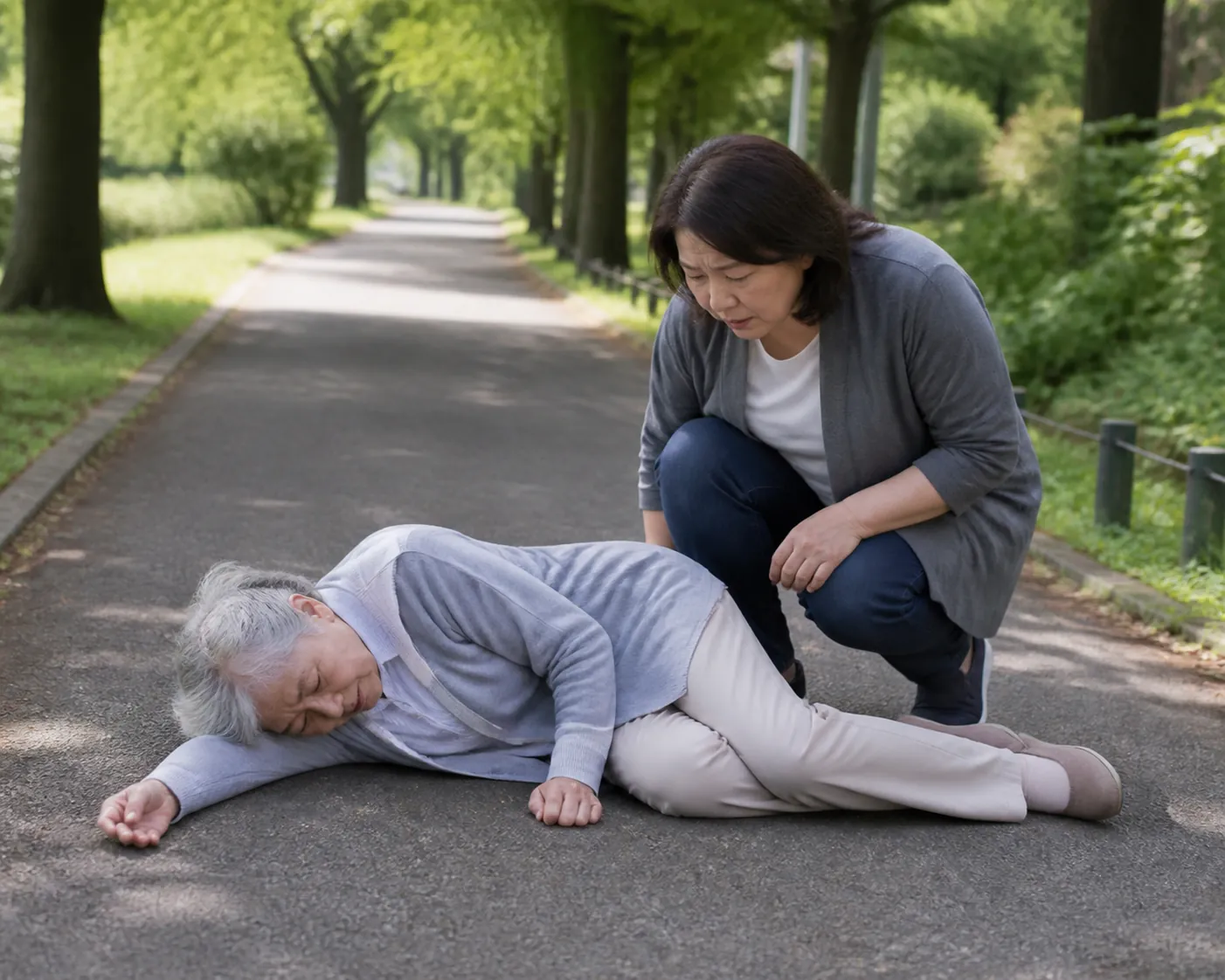 An elderly person lying on an outdoor walking path while an adult child crouches nearby without lifting them