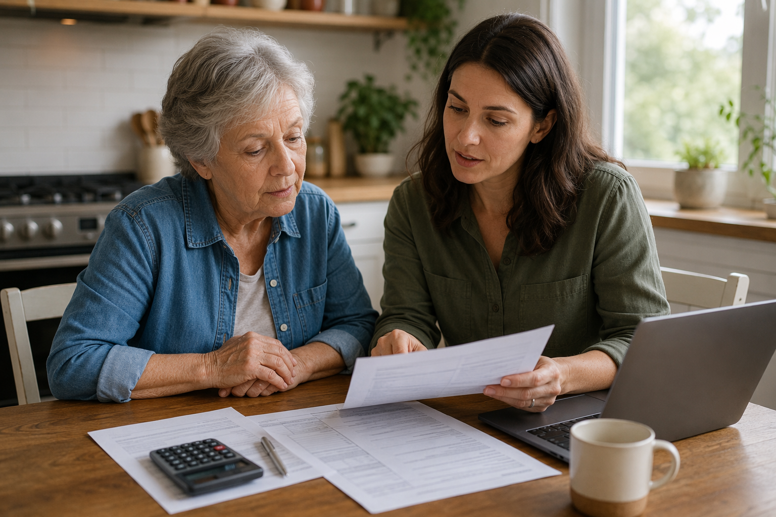 An older woman and her adult daughter review Social Security paperwork and household finances at a kitchen table