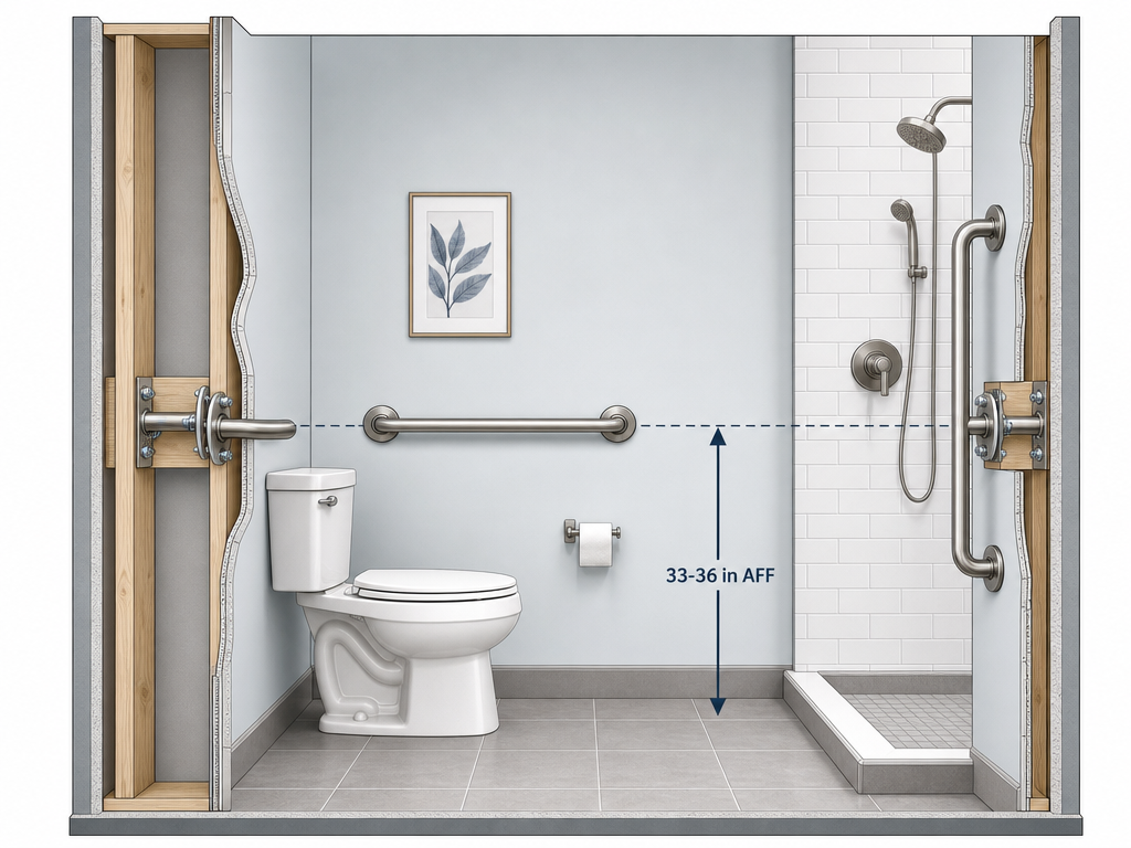 Architectural cross-section diagram showing grab bars mounted at 33-36 inches above finished floor with cutaway view revealing stud mounting, including horizontal bar beside toilet and vertical bar at shower entry