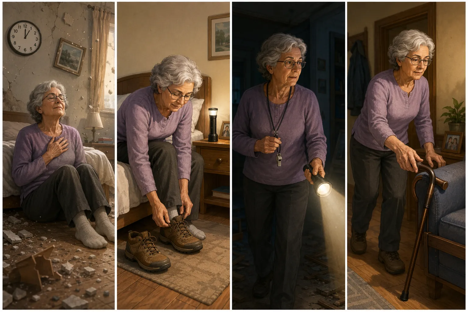 Four-panel illustration of a senior waiting after shaking, putting on sturdy shoes, using a flashlight and whistle, and reaching for a cane