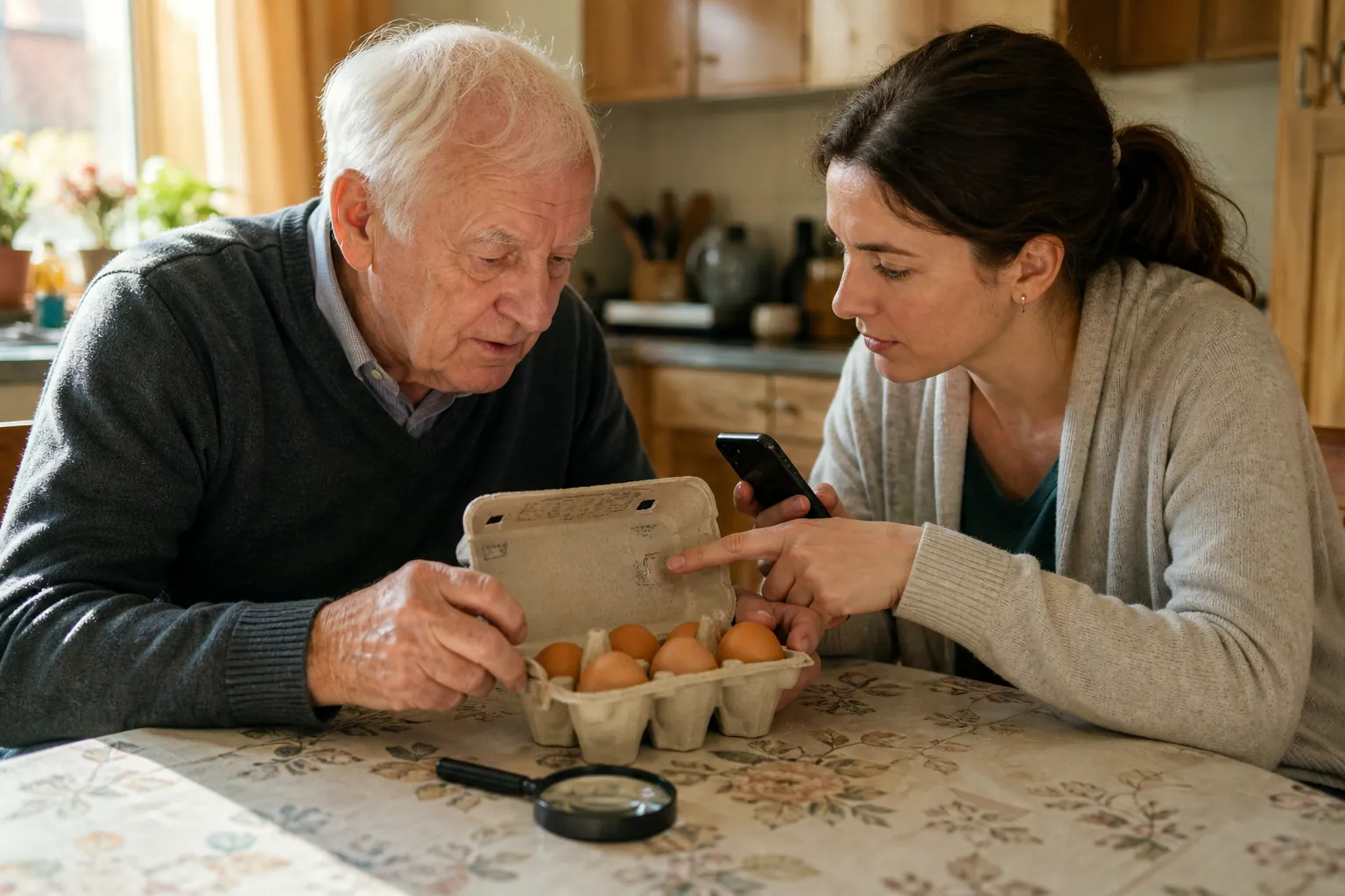 Older father and adult daughter checking a small printed code on an egg carton together at the kitchen table