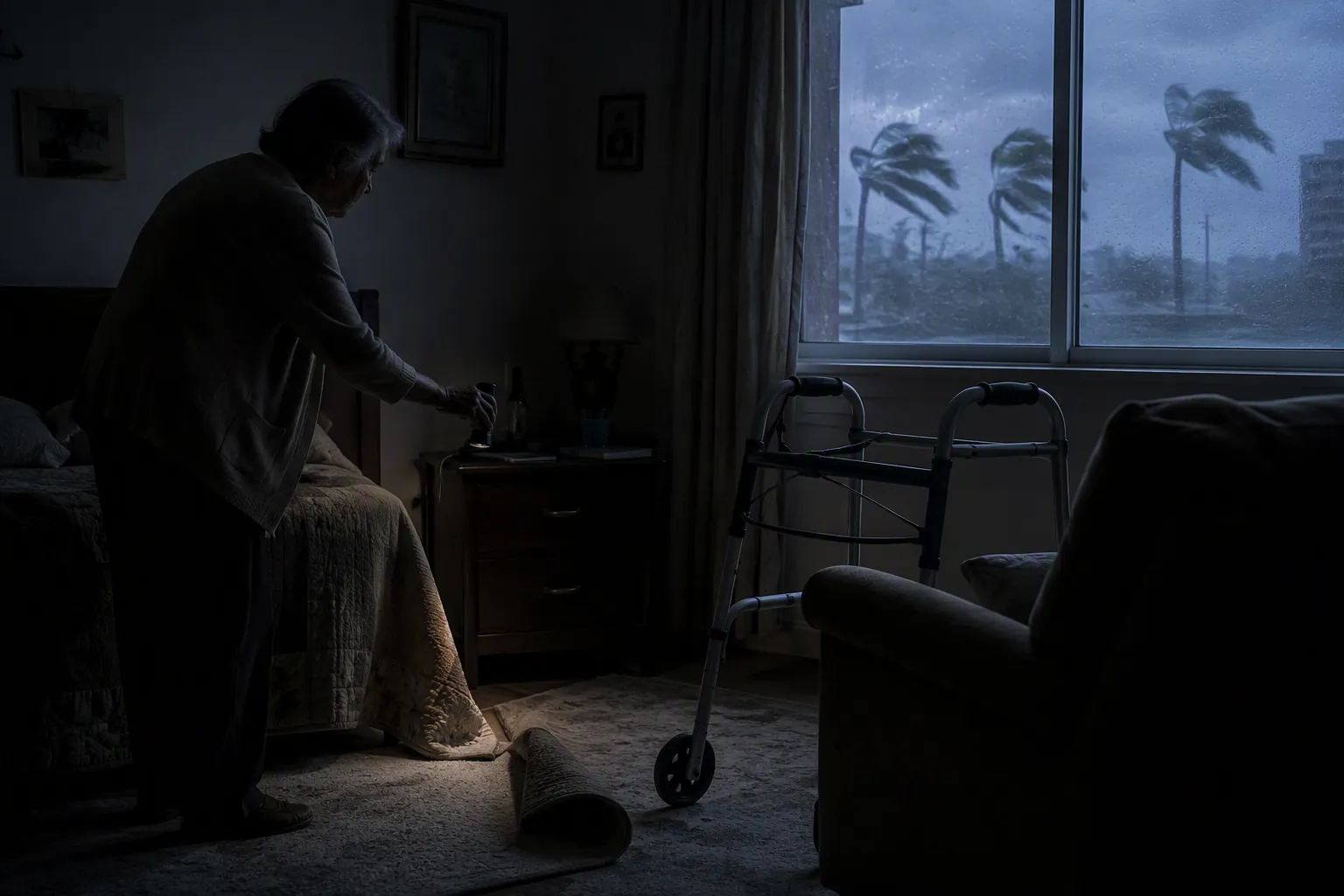 Dimly lit senior bedroom during a power outage with a flashlight out of reach, curled rug edge, walker, and blocked path