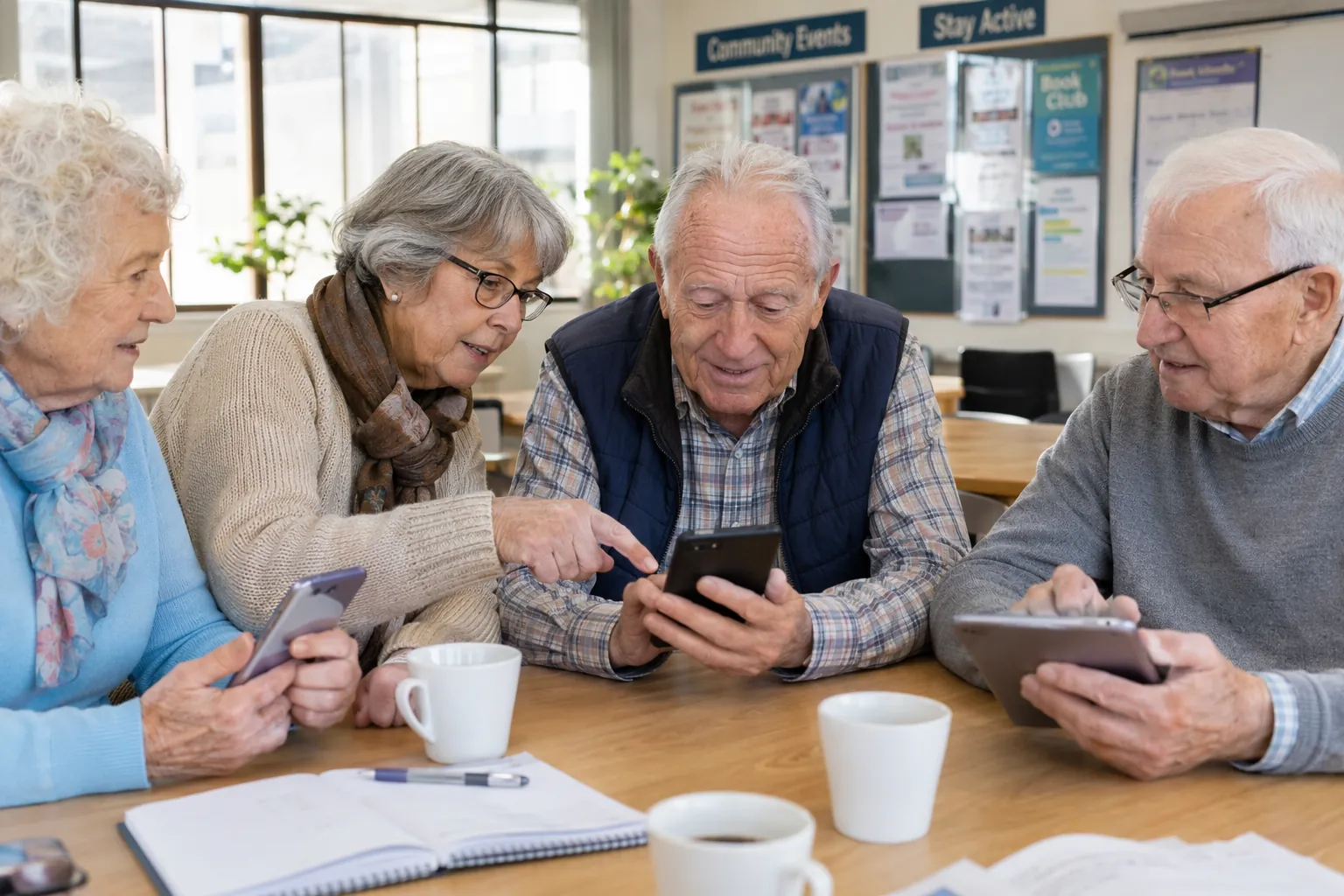 Older adults learning to use smartphones and tablets in a senior center community room
