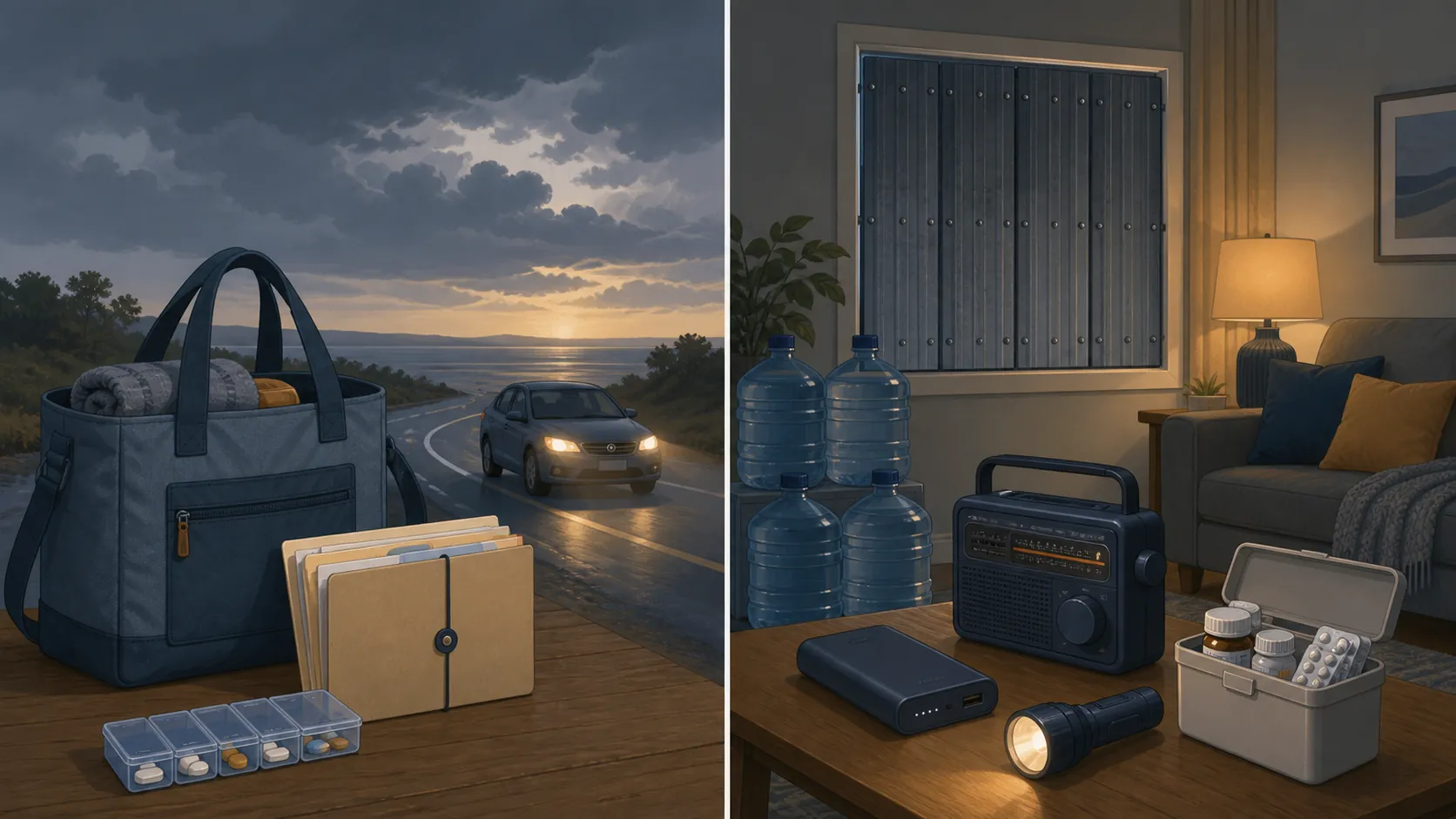 Evacuation supplies and shelter-in-place supplies shown side by side