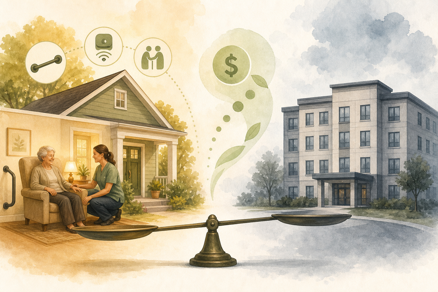 An editorial side-by-side illustration comparing two options: on the left, a warm cozy home with subtle grab bar, sensor, and caregiver icons; on the right, a cool-toned multi-story assisted living facility. A balanced scale between them subtly tips toward the home side, suggesting cost savings from aging in place.