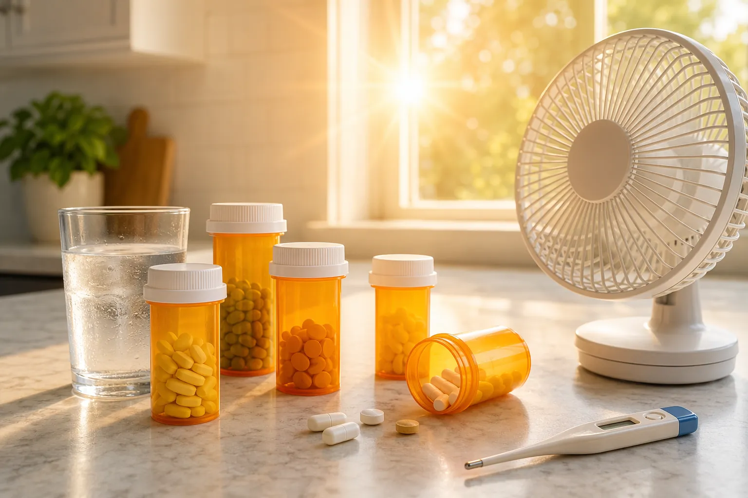 Prescription bottles beside water, a small fan, and a thermometer on a warm kitchen counter
