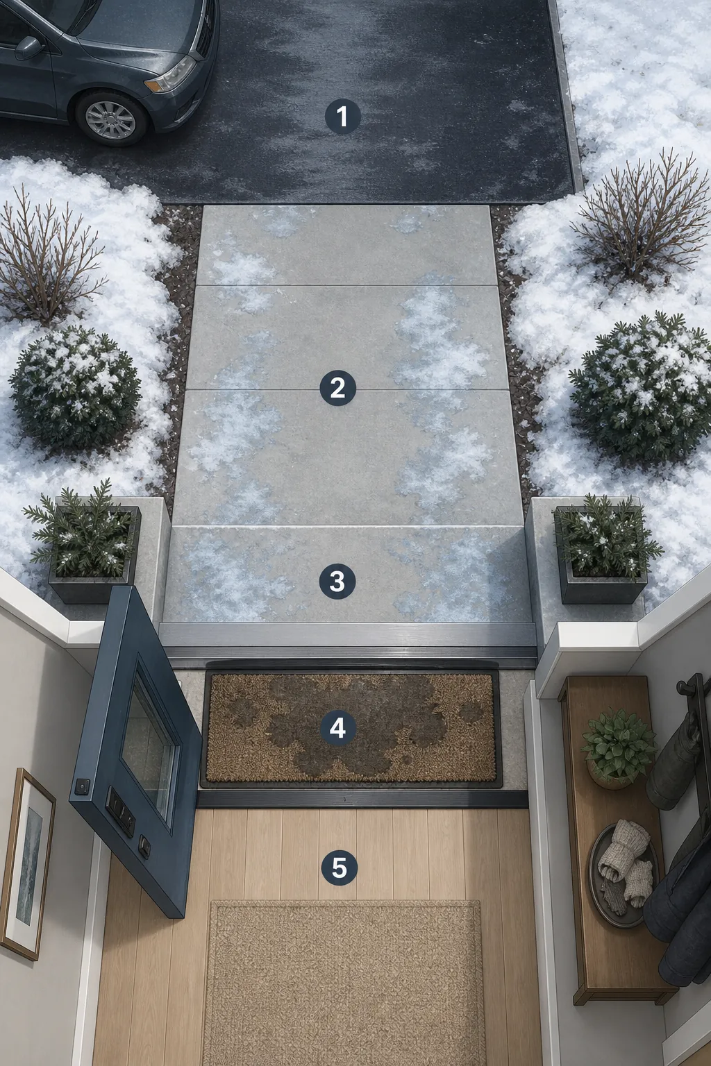 Illustrated route from driveway to walkway, step, threshold, and dry interior landing area
