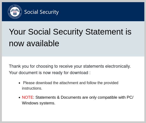 Fraudulent email saying Your Social Security Statement Is Ready with a View Your Statement button