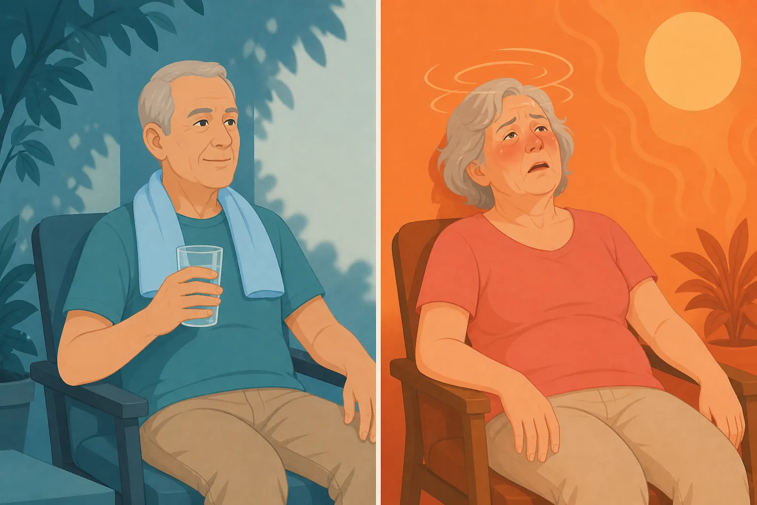 Split illustration showing an alert older man cooling down versus a confused older woman overheating.