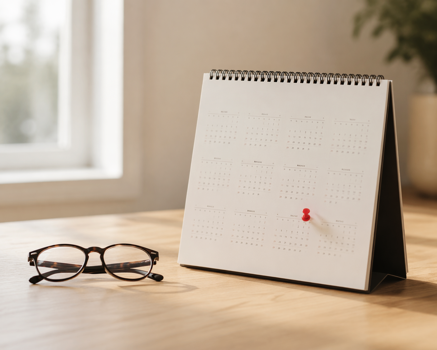 Desk calendar open to 2027 with a red pushpin marking an approaching deadline