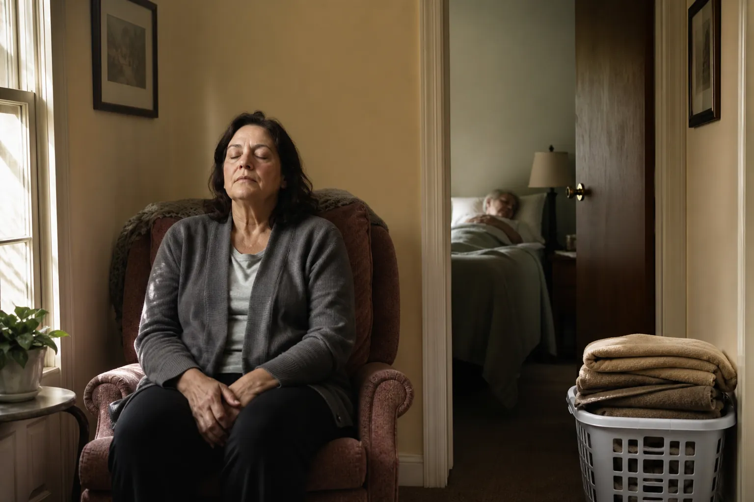 A caregiver sits in a hallway armchair taking a slow breath while an aging parent rests behind a half-open bedroom door.