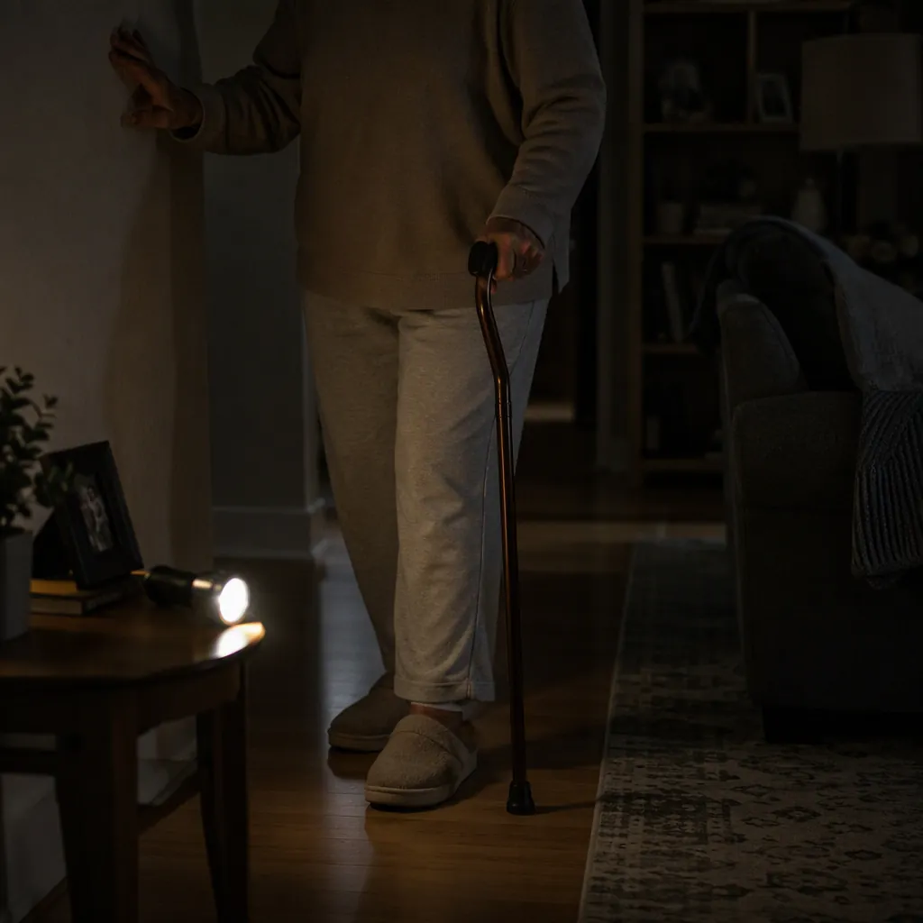 Older adult using a cane and lightly touching a wall for balance in a dim living room during a power outage