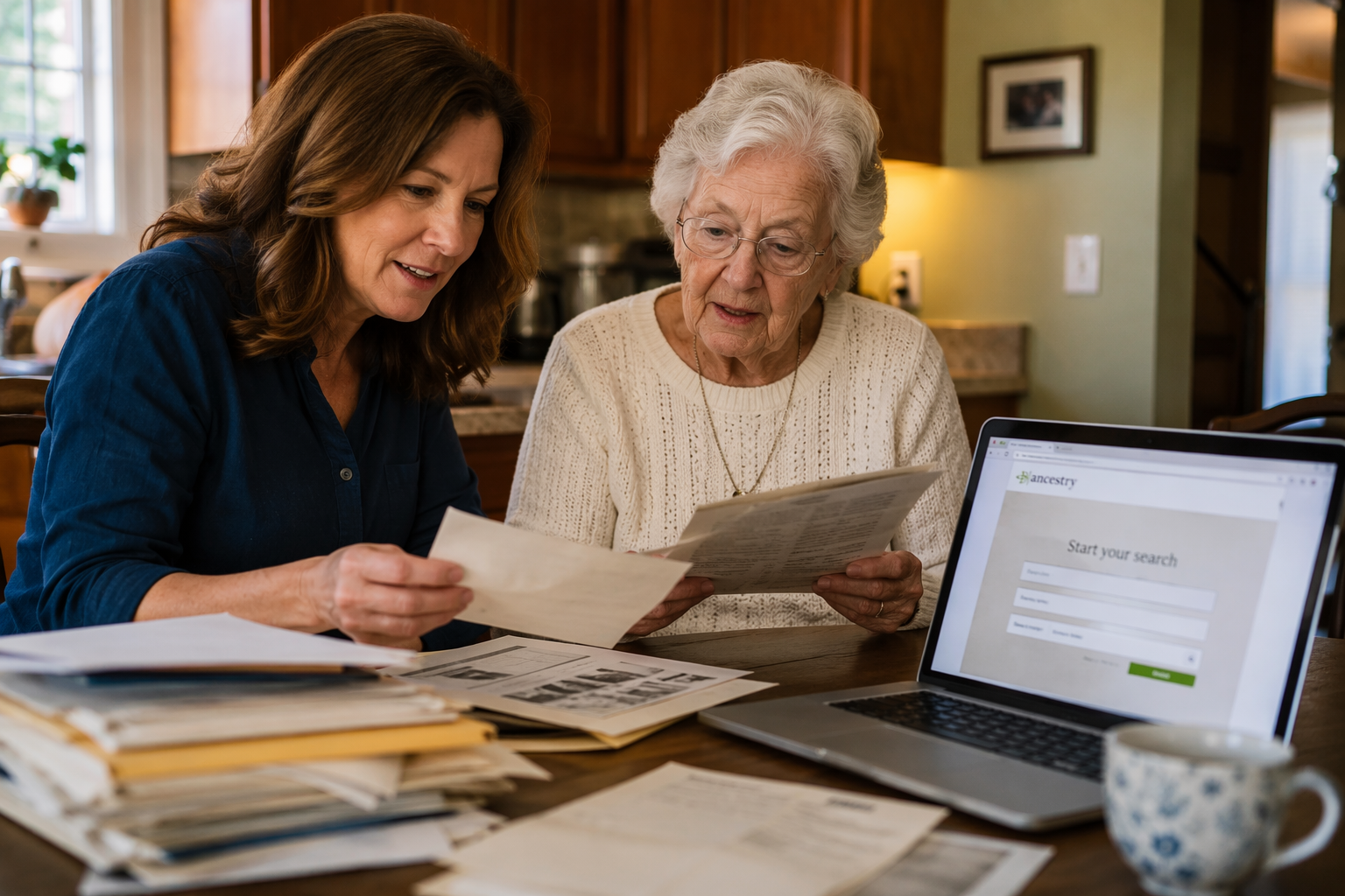 A middle-aged daughter and her elderly mother reviewing papers and a laptop at a kitchen table.